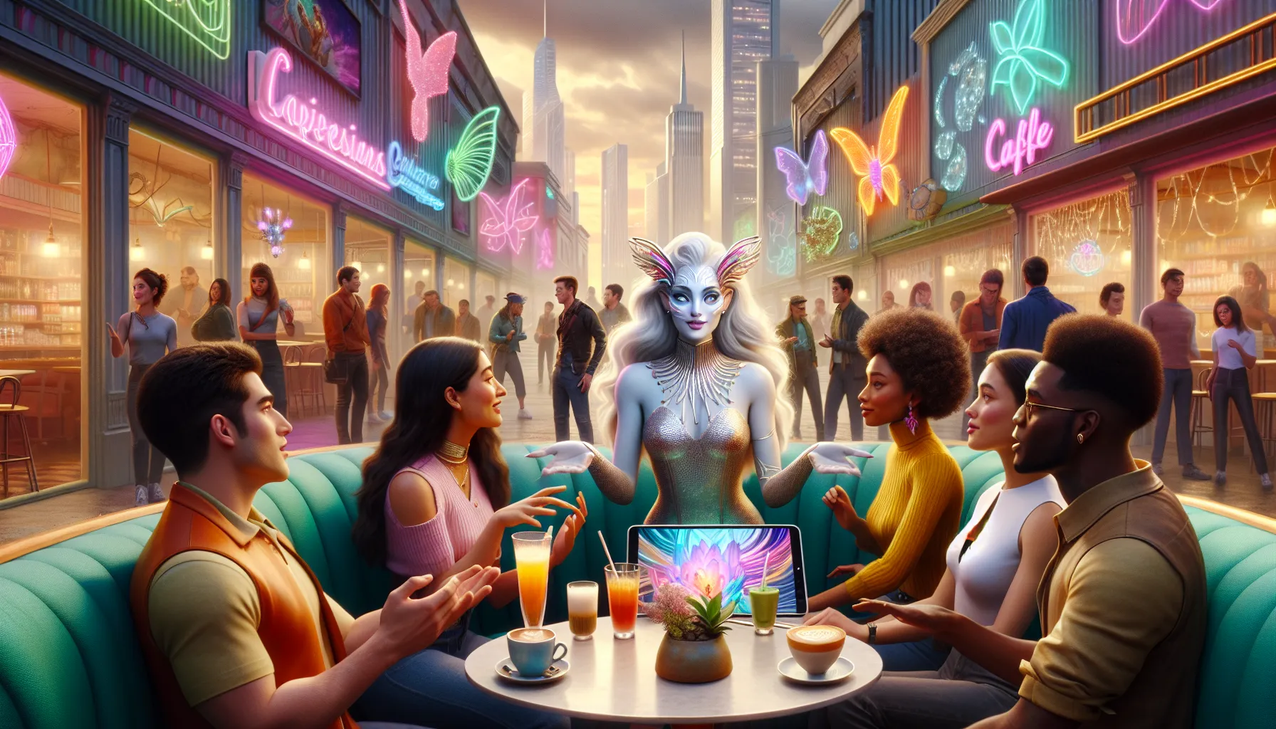 diverse group discussing fantasy concepts in a modern caf&eacute;.