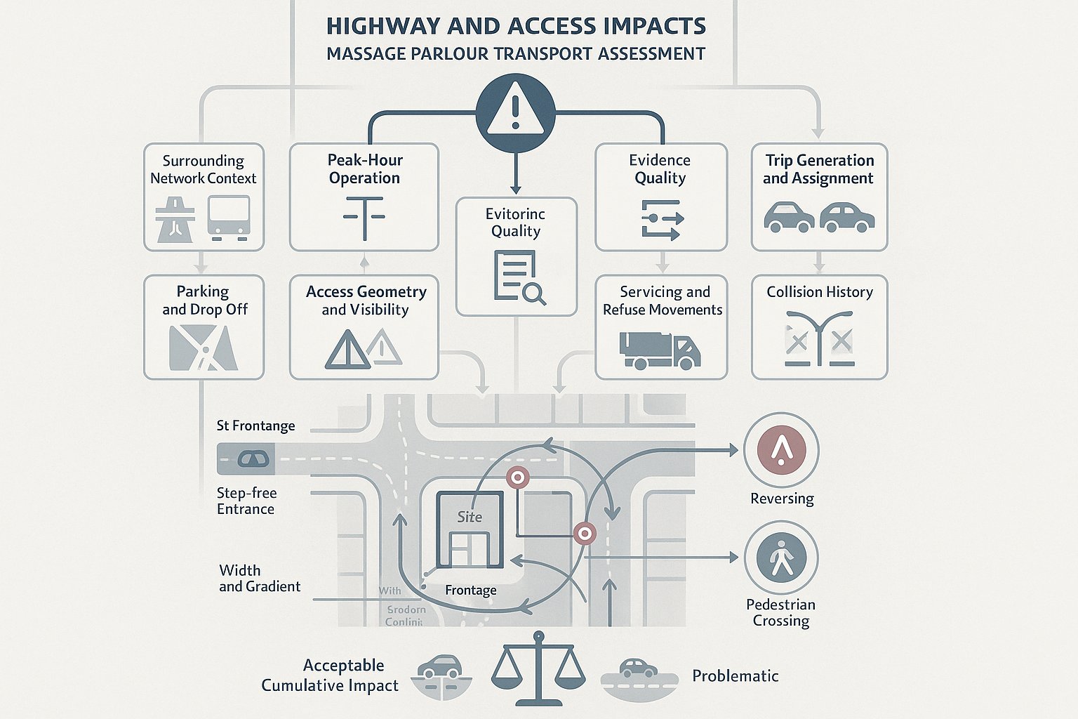 Infographic of UK highway and access checks for a planning transport assessment.