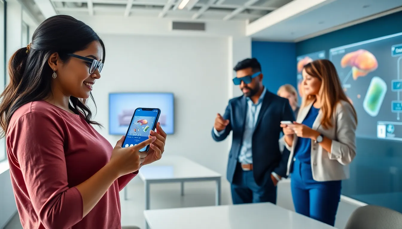 professionals exploring augmented reality in a modern office setting.