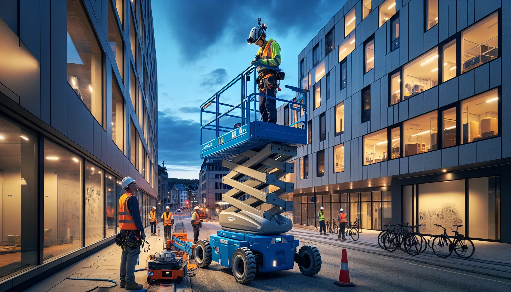 De viktigste innovasjonene innen liftutstyr de siste årene 3 Norwegian workers using quiet electric and hybrid lifts on a clean urban construction site.