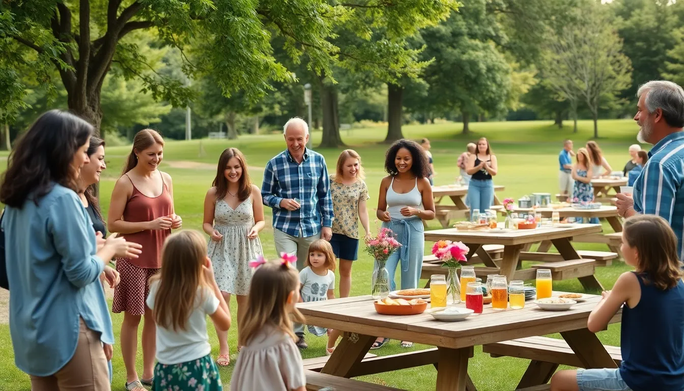 diverse group enjoying a thrifty outdoor event at a community park.