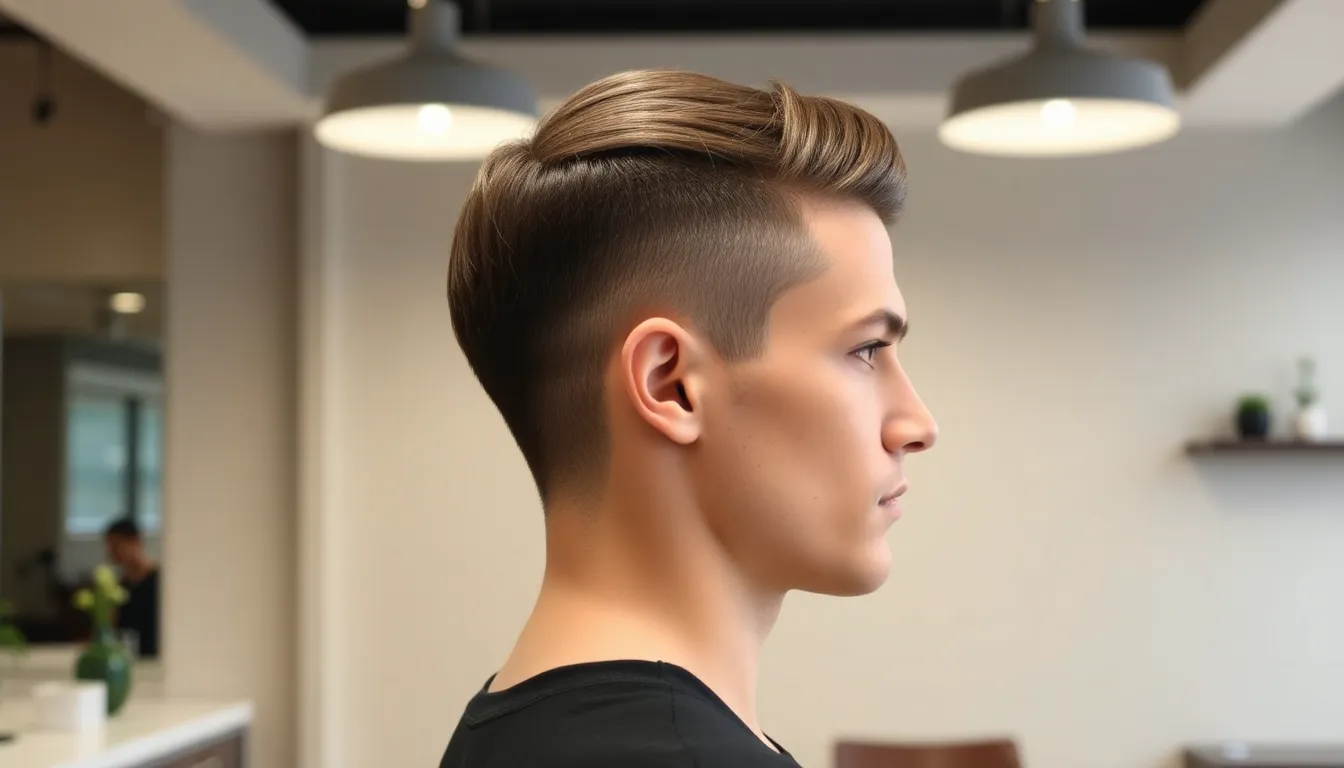 model displaying a sleek mid fade taper hairstyle in a barbershop.