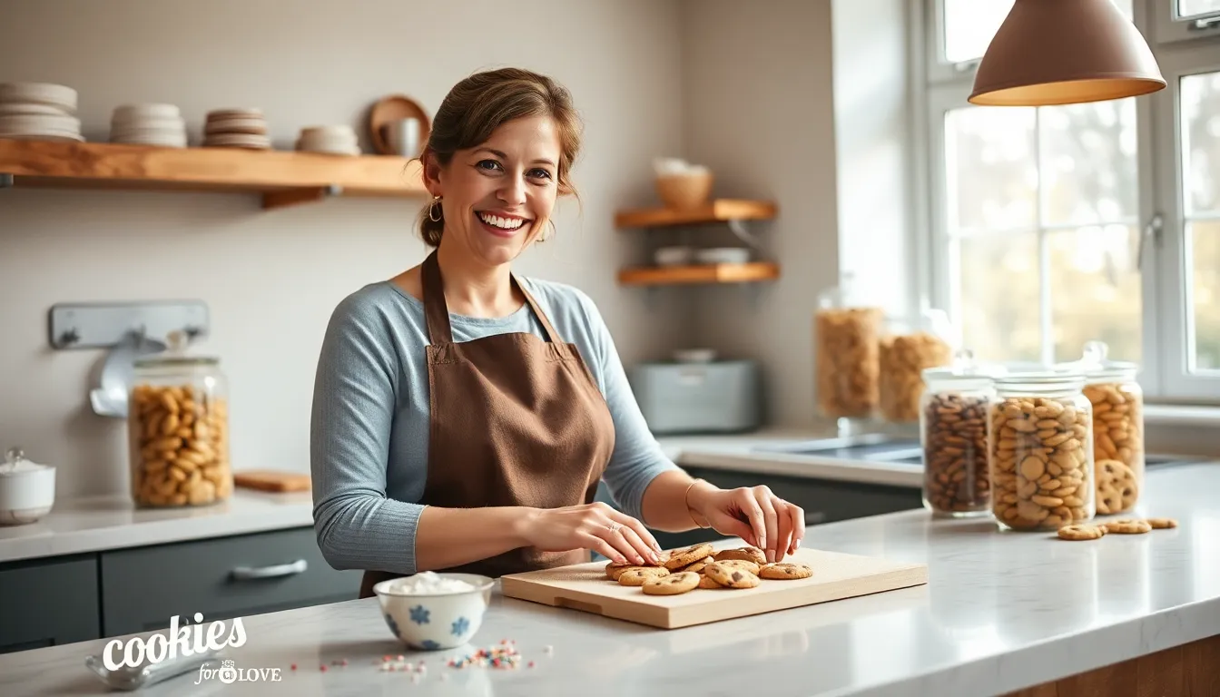 Mary baking cookies in a bright, modern kitchen.
