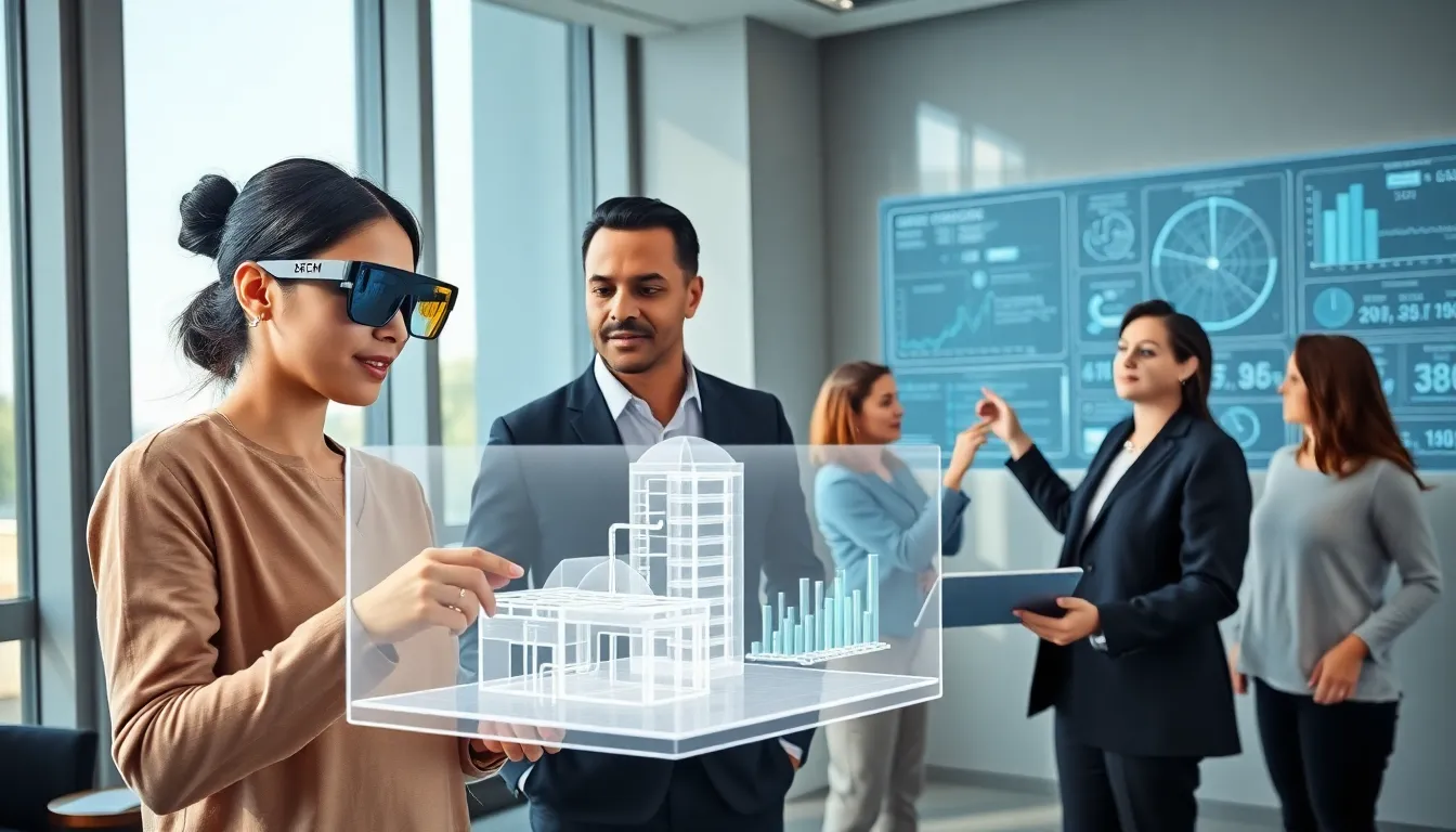 diverse professionals engaging with augmented reality in a modern office.