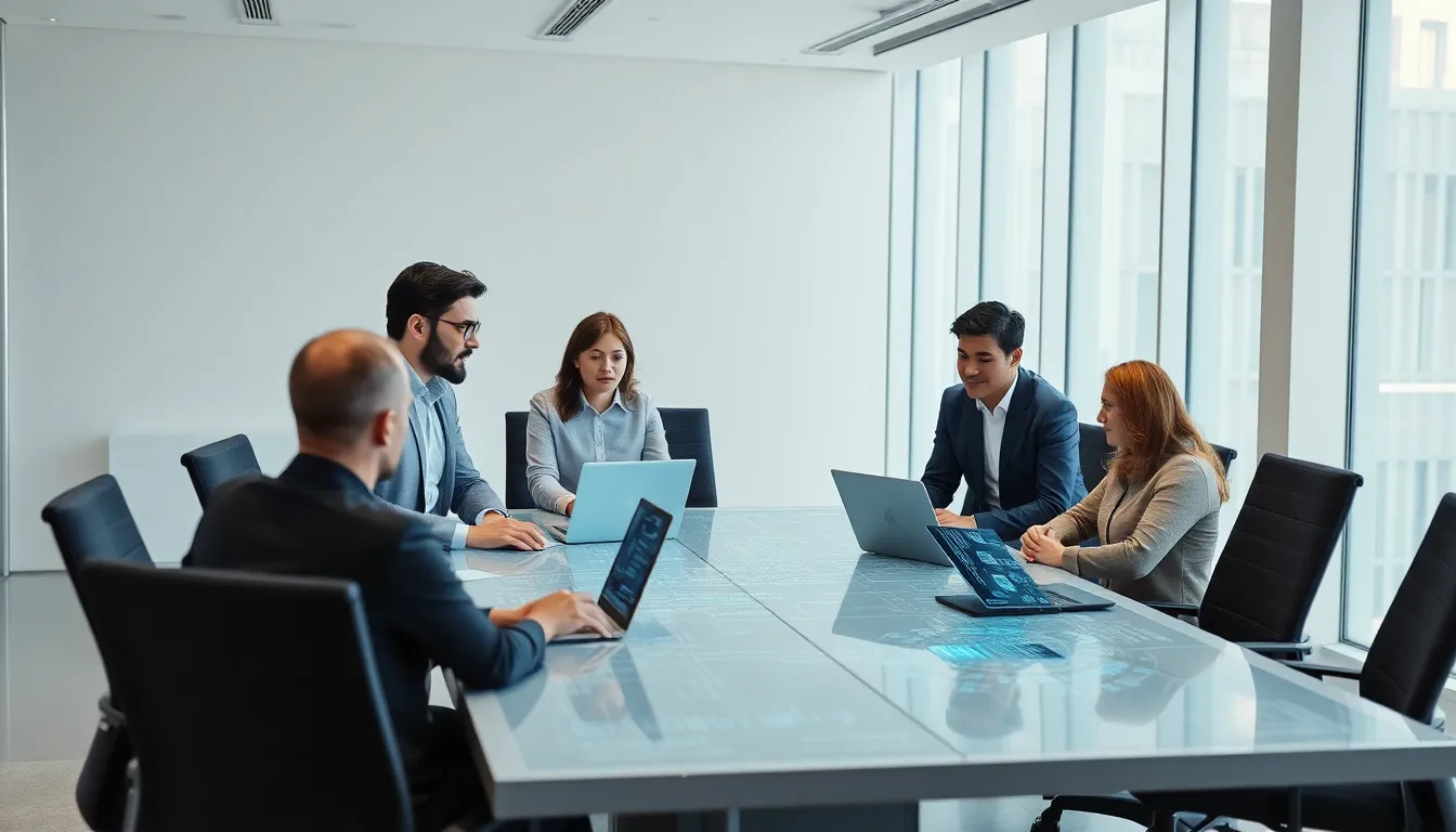 diverse professionals discussing data management in a modern office.