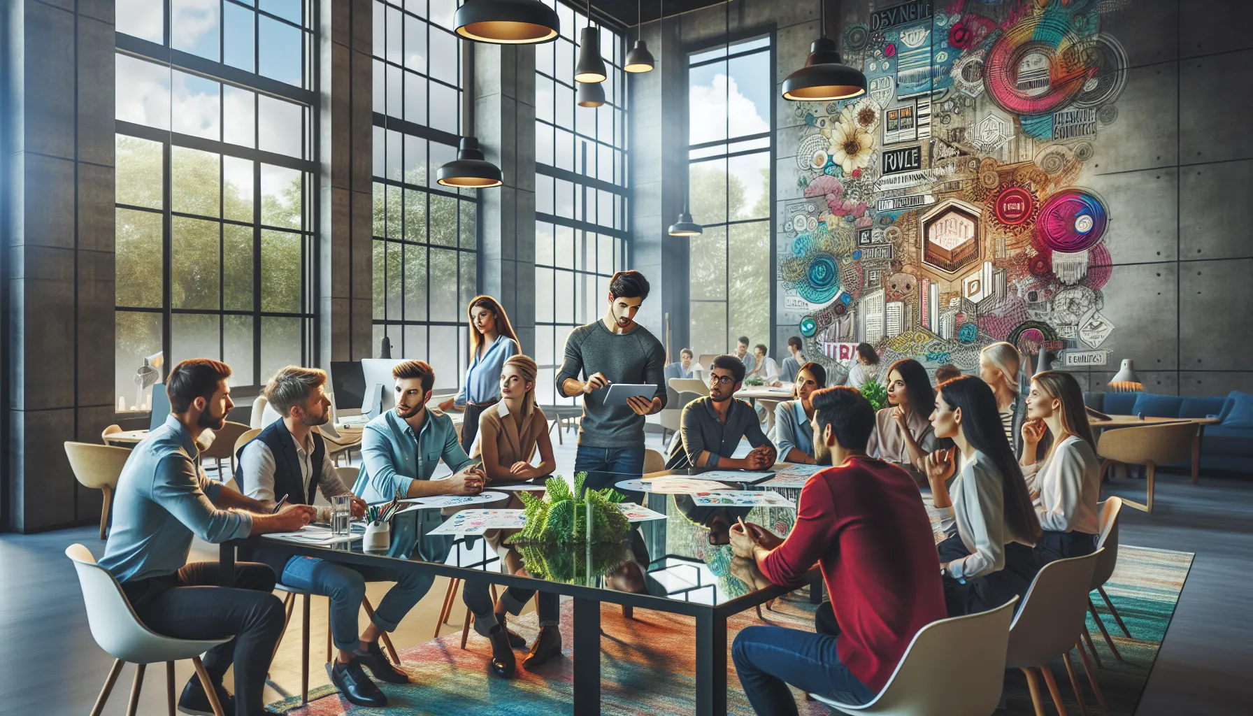 diverse creative team collaborating in a modern office setting.