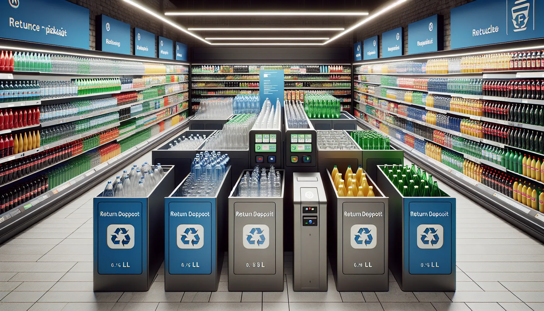 Various returnable containers - glass bottles, plastic bottles and aluminum cans arranged in retail setting