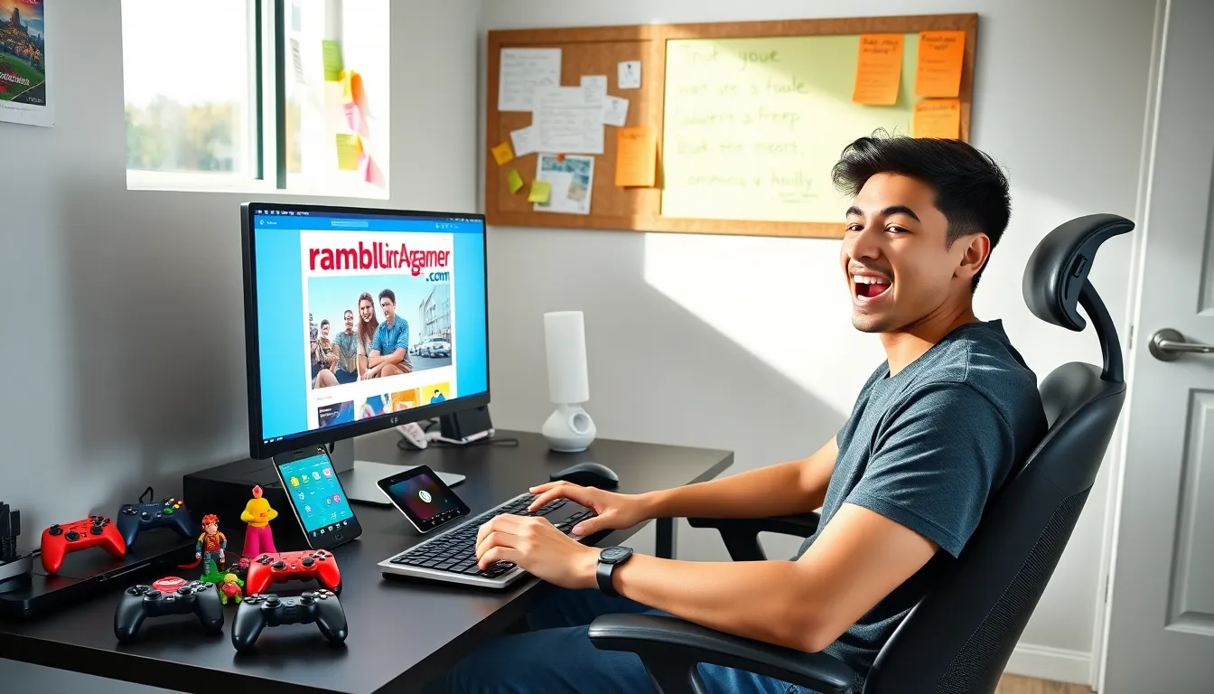 A gamer at a modern desk, engaging with the ramblingsofagamer.com website.
