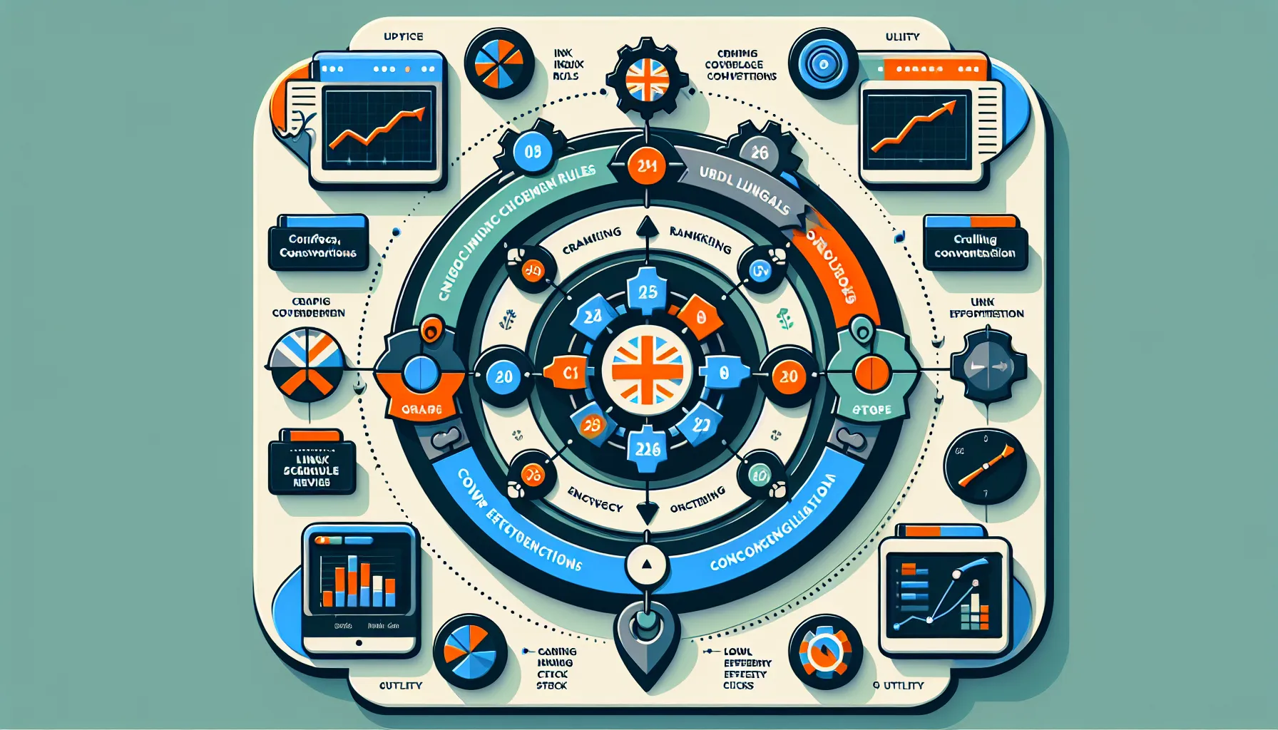 Circular infographic of canonical SEO KPIs and governance cycle for UK.