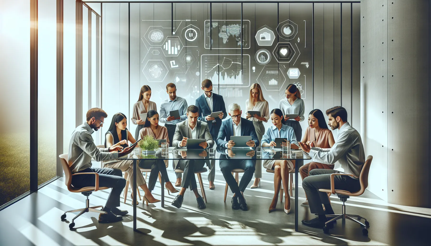 diverse professionals collaborating in a modern office using a productivity tool.