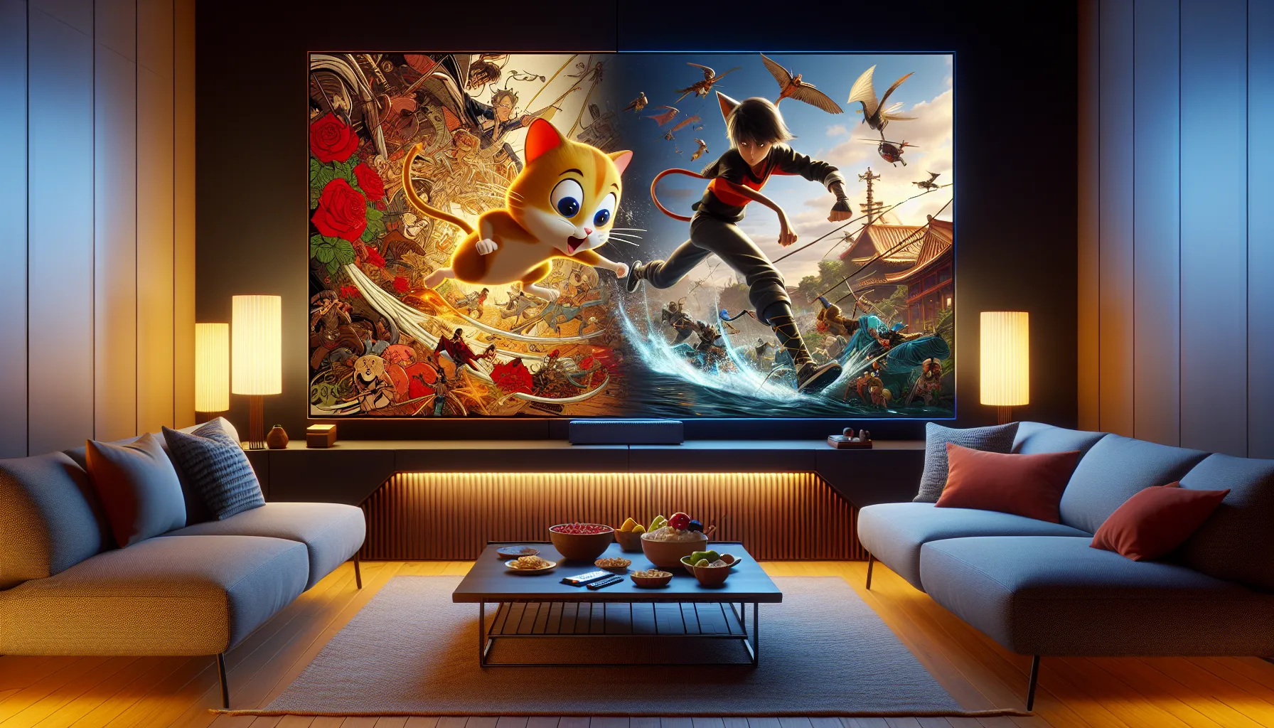 A TV screen showing contrasting scenes of 'Tom and Jerry' and 'Naruto' in a living room.