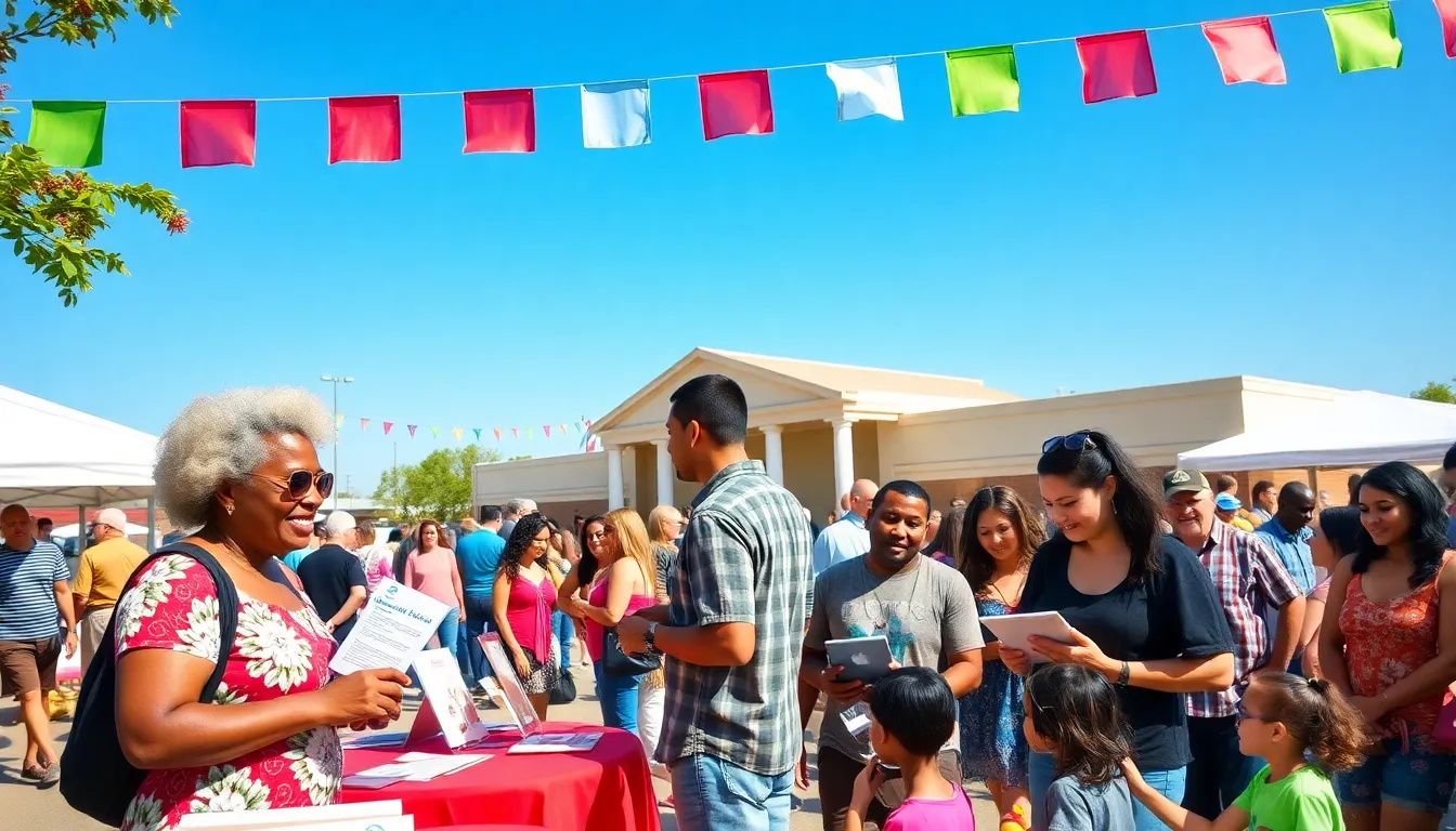 a community fair with diverse booths and people engaging in activities.