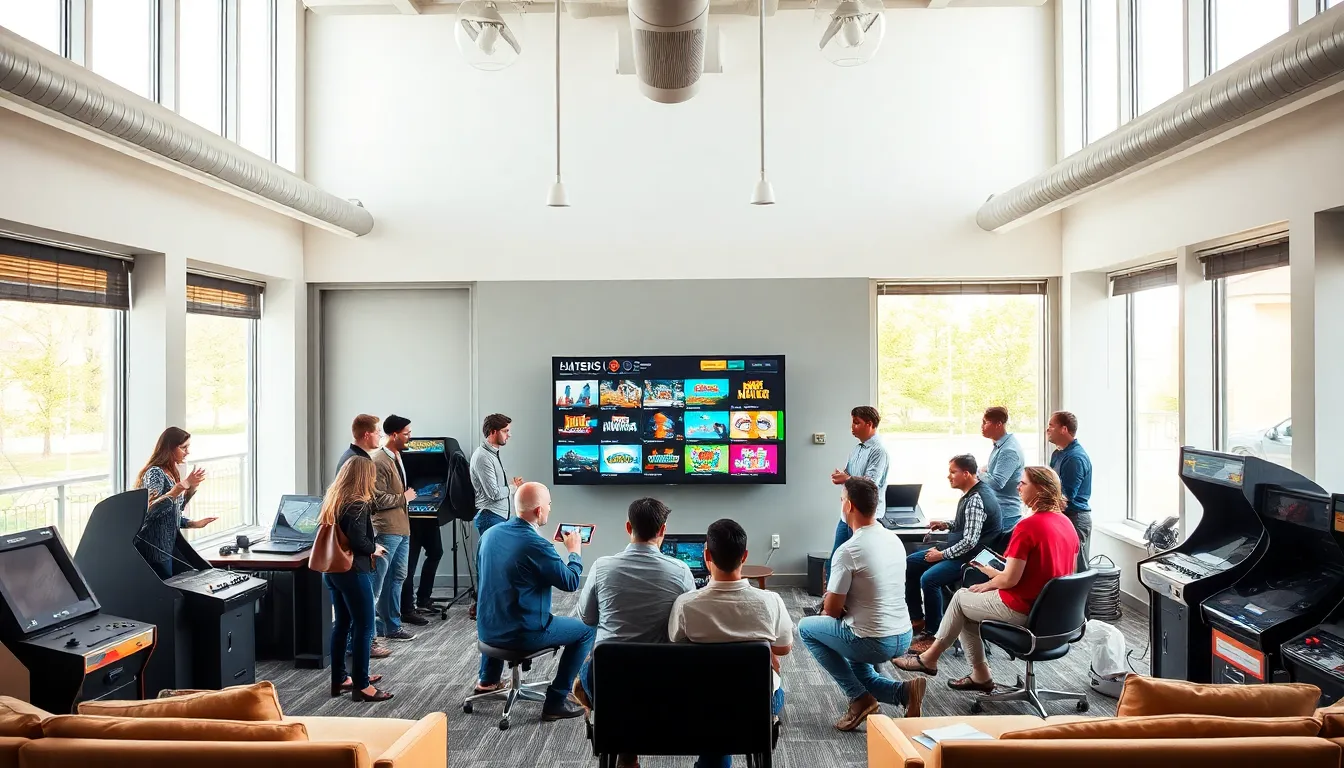 diverse gaming enthusiasts discussing classic video games in a modern workspace.