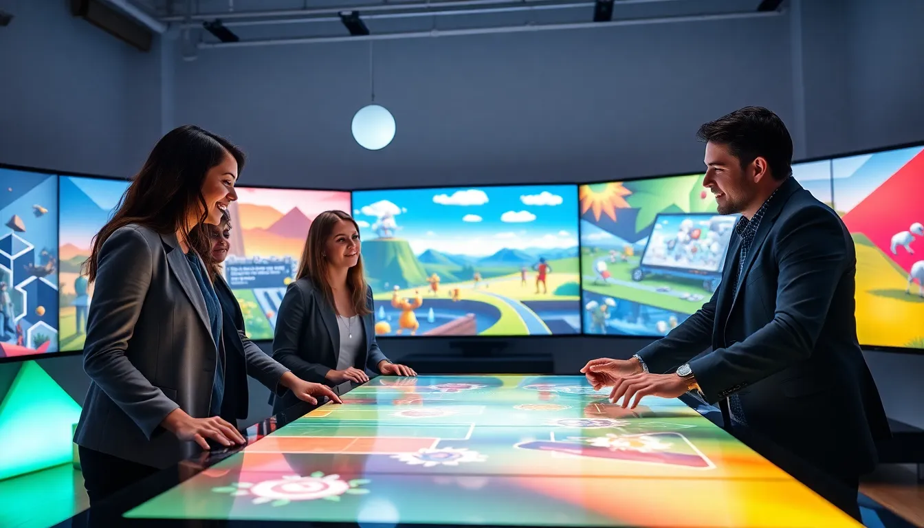 diverse team collaborating on creative game designs in a modern setting.