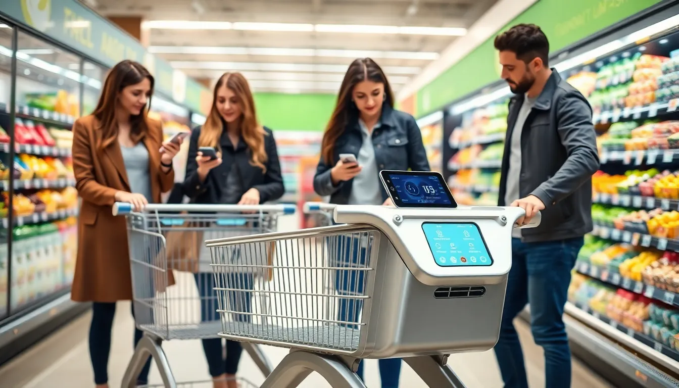 modern smart cart in a busy grocery store aisle with diverse shoppers.