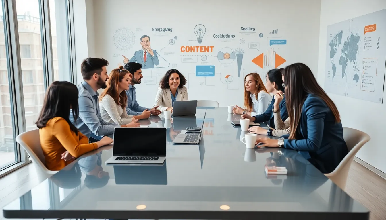 diverse team collaborating on captivating content in a modern office.