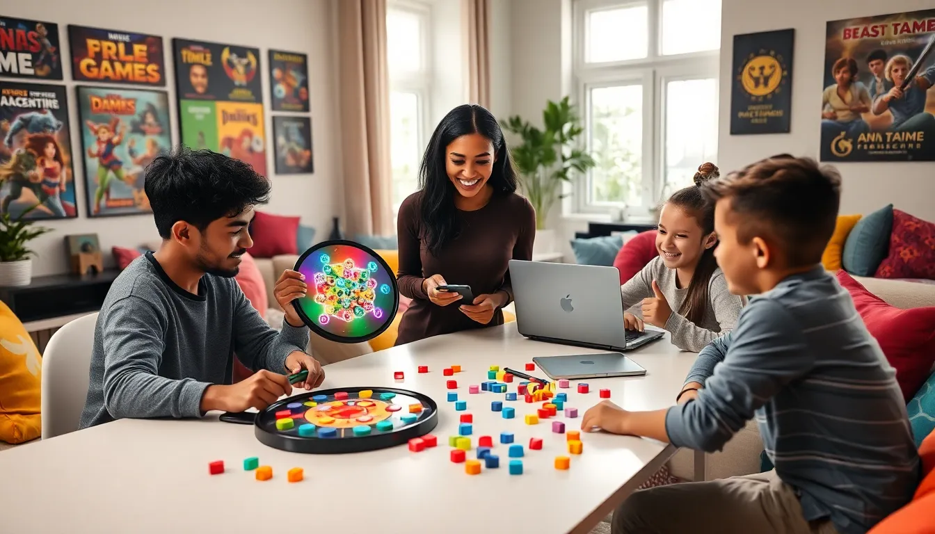 a diverse group playing interactive games in a colorful gaming room.