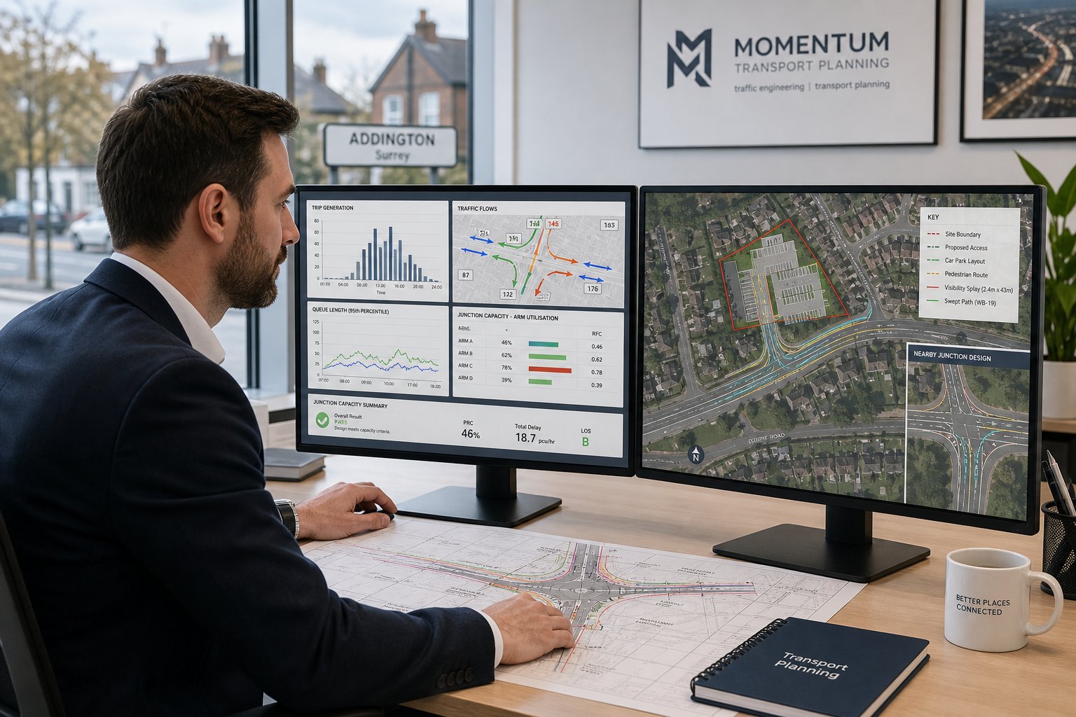Traffic engineer reviewing junction capacity and site access plans in a modern office.