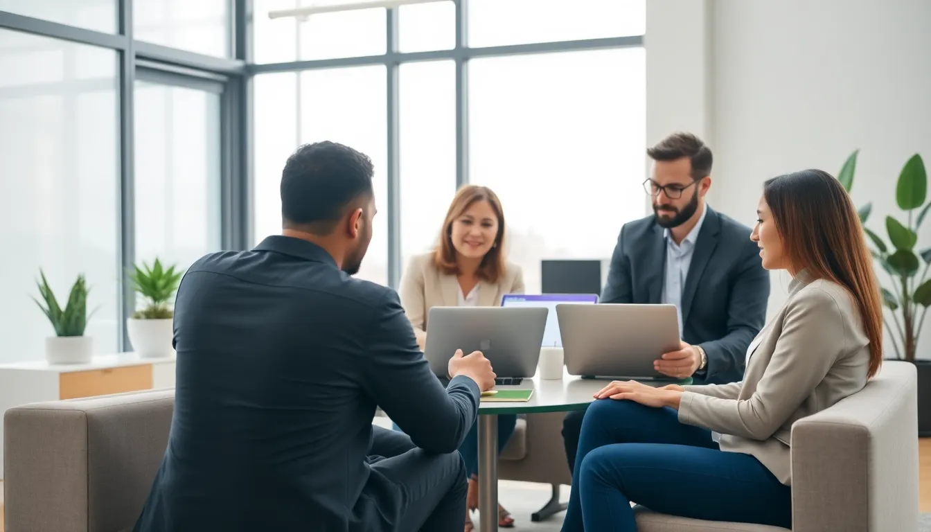diverse team collaborating using the Trimzbby application in a modern office.