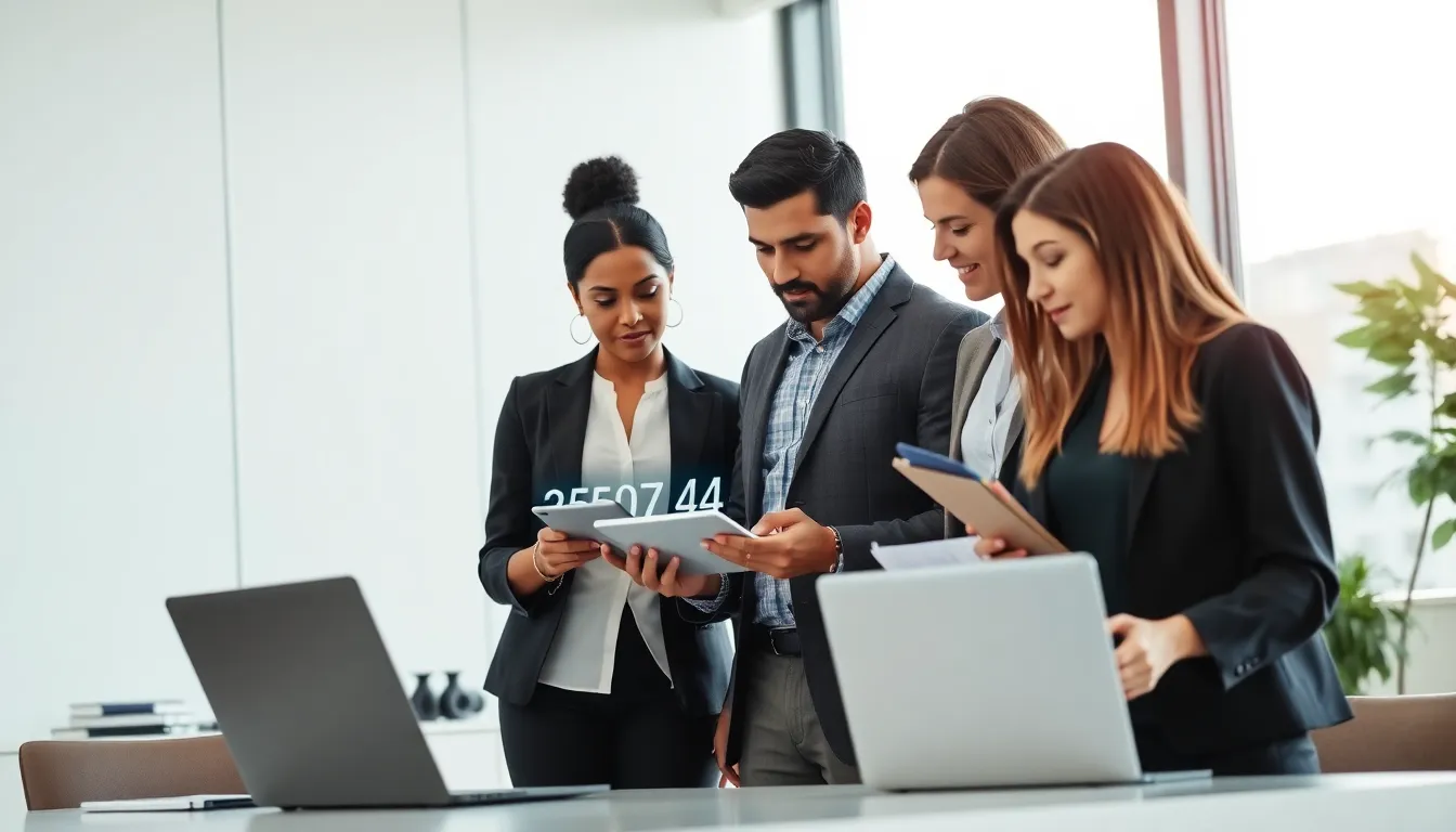 diverse team analyzing data in a modern office.