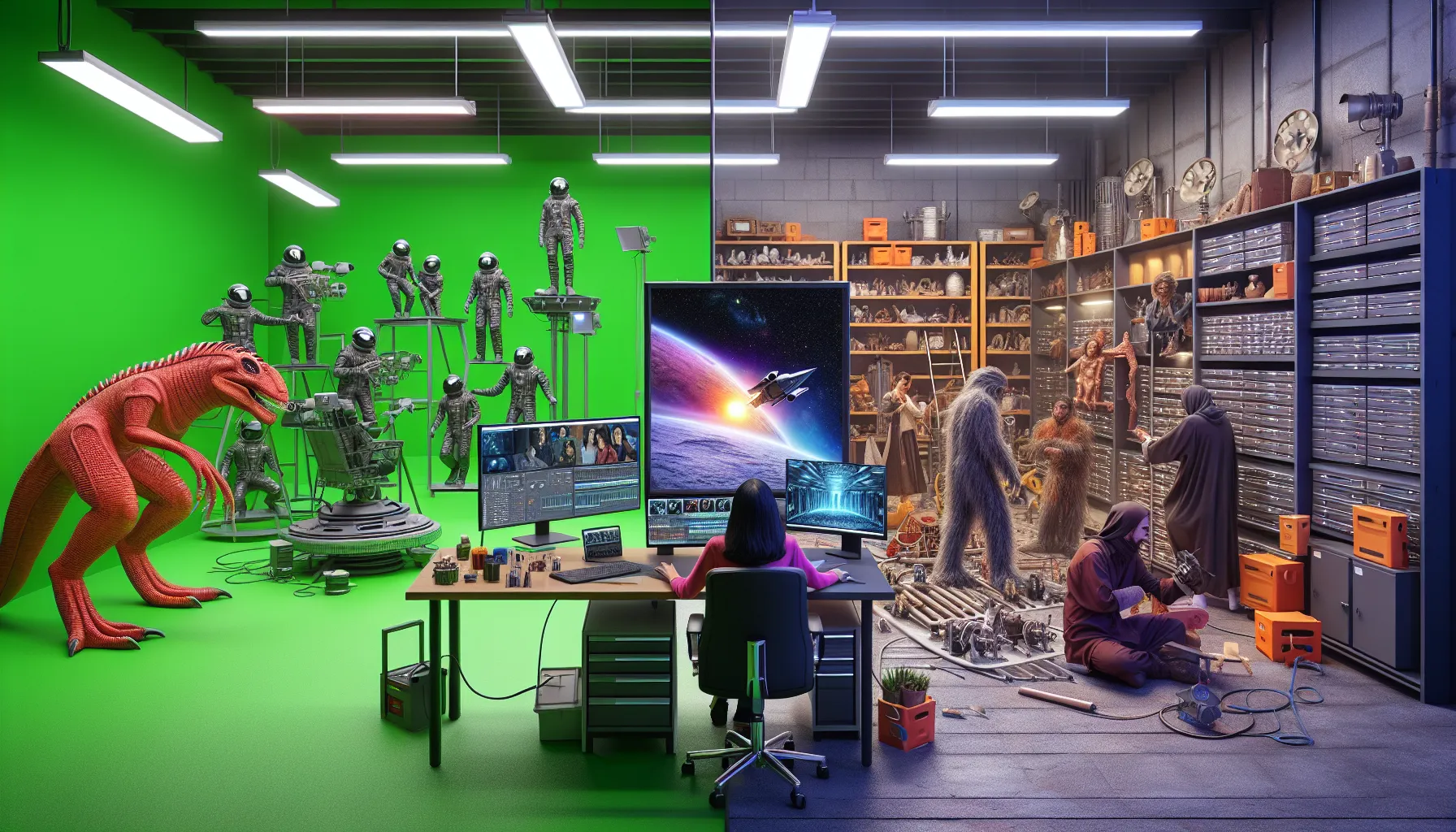 Contrast of CGI and practical effects in a film studio setting.