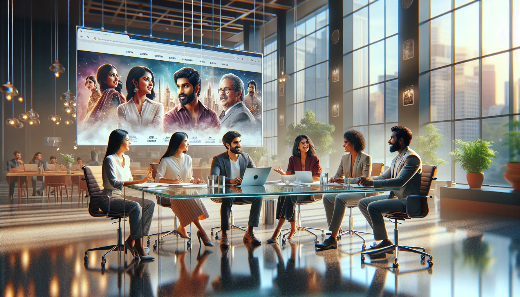 diverse team discussing films in a modern office.