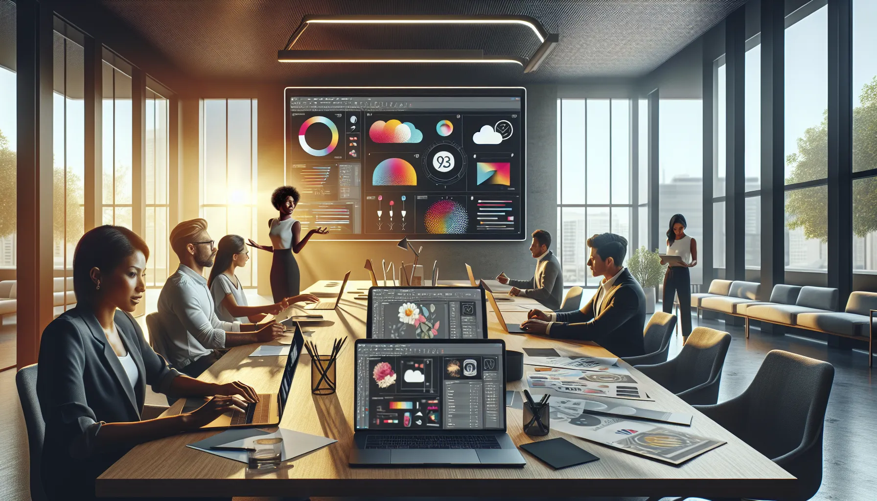 diverse professionals collaborating on Shotscribus software in a modern office.