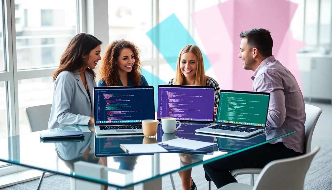 diverse team collaborating on coding in a modern office setting.