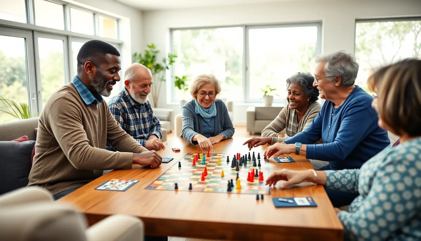 seniors enjoying a war game together in a community center.