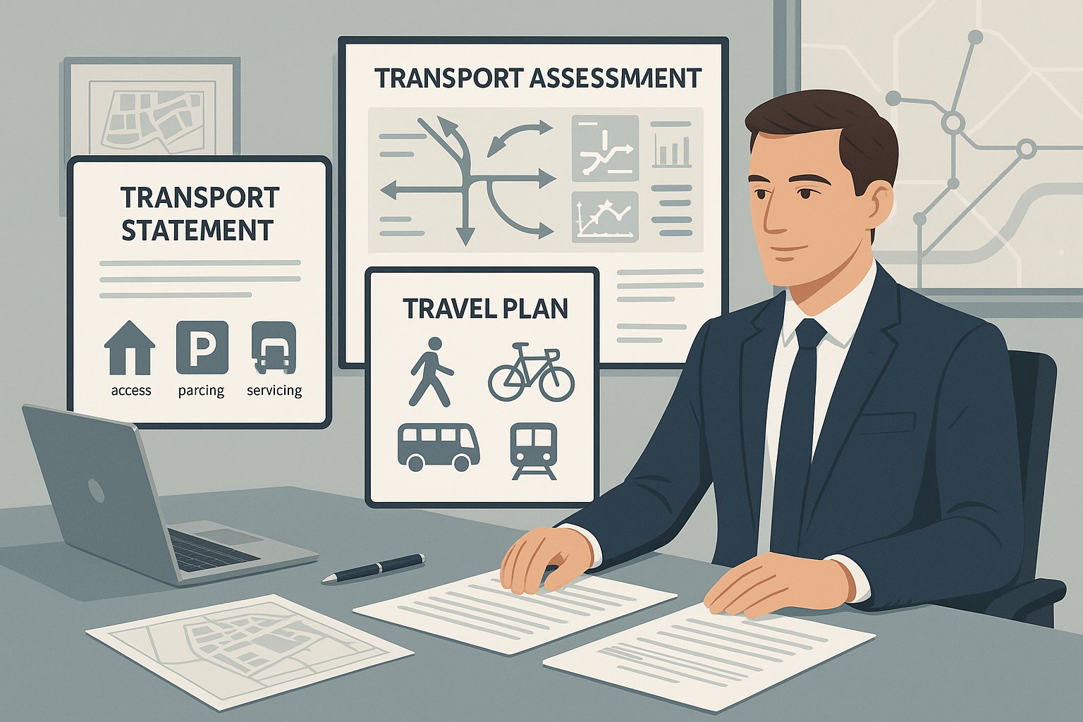Consultant comparing transport statement, assessment, and travel plan in a modern office.