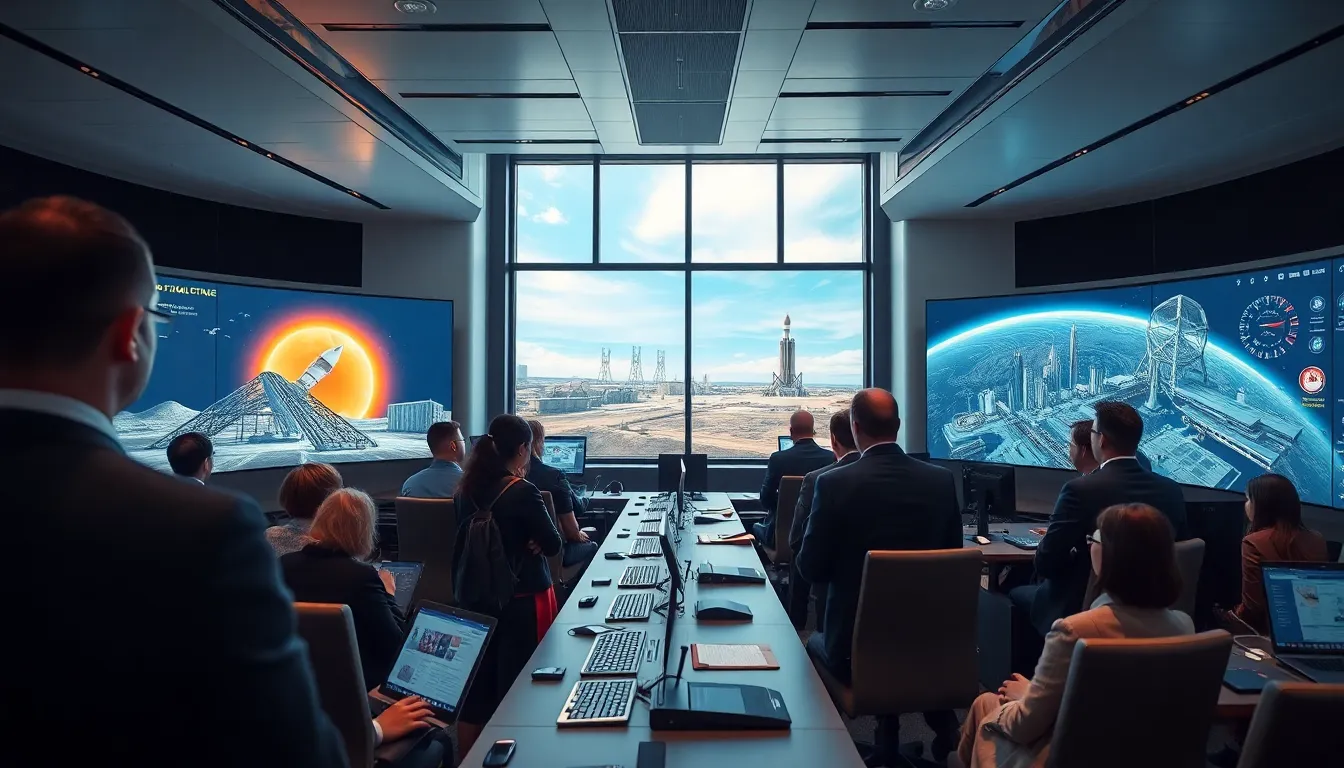 diverse team in a modern control room focused on space technology.