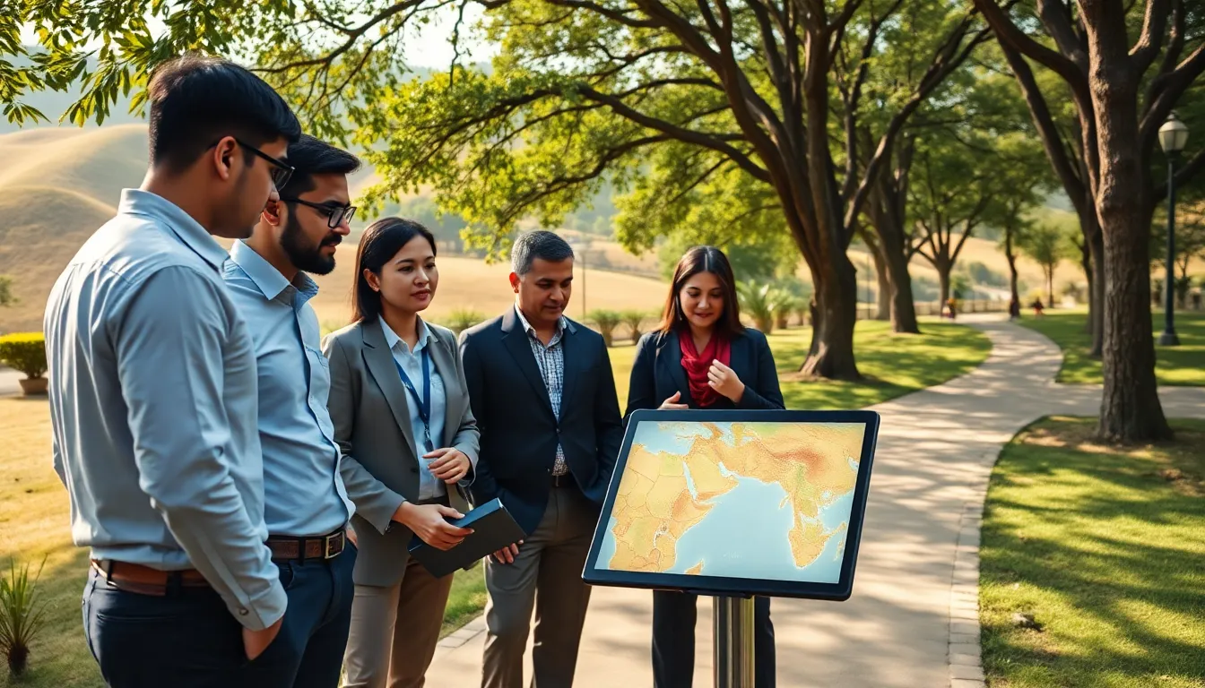 diverse team discussing Bhaksunda's historical significance in a park setting.