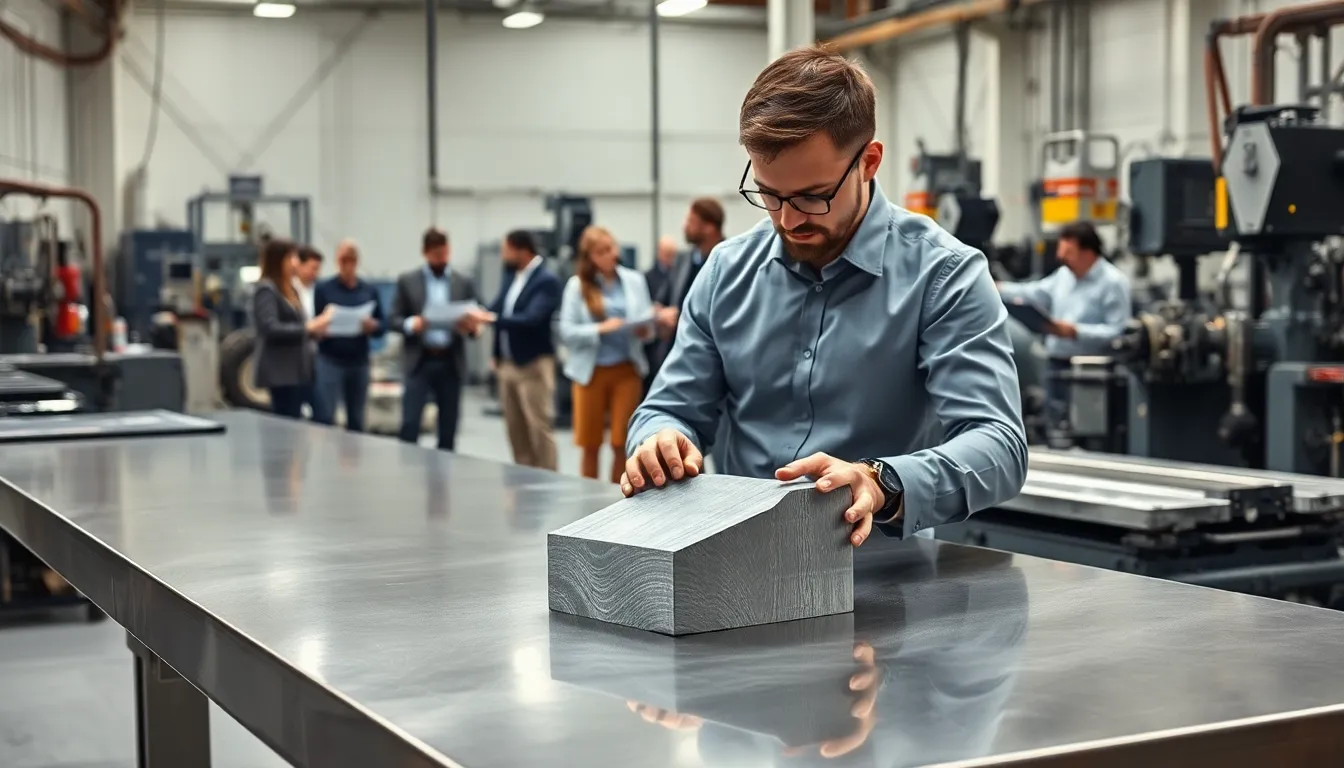 Engineer examining a slice of 6090X43 aluminum alloy in a modern facility.