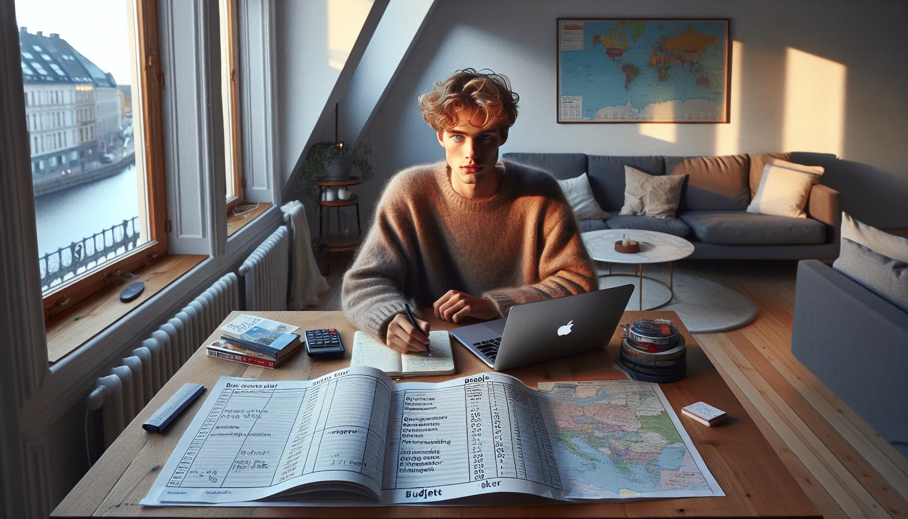 Slik finner du de beste budsjettvennlige reisemålene i europa 2 Young norwegian traveler planning a budget-friendly europe trip with laptop, map and notes.