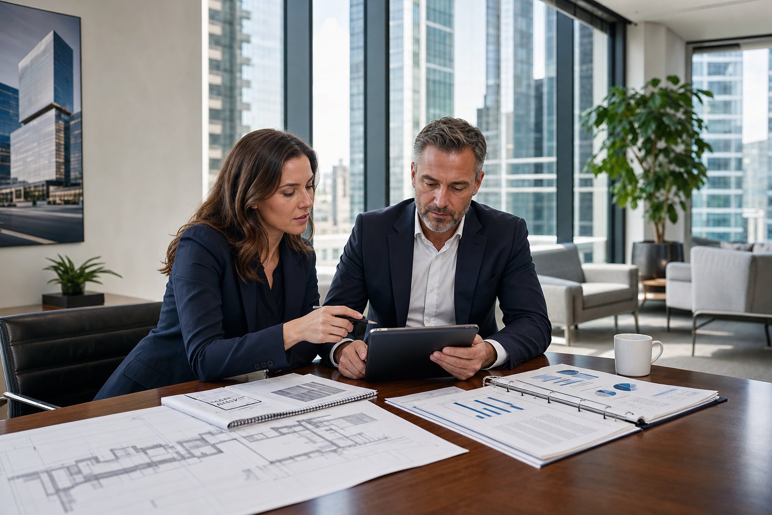 Commercial Mortgage Broker Lytham 2 Professionals reviewing commercial property financing documents in a modern office with a city skyline view.