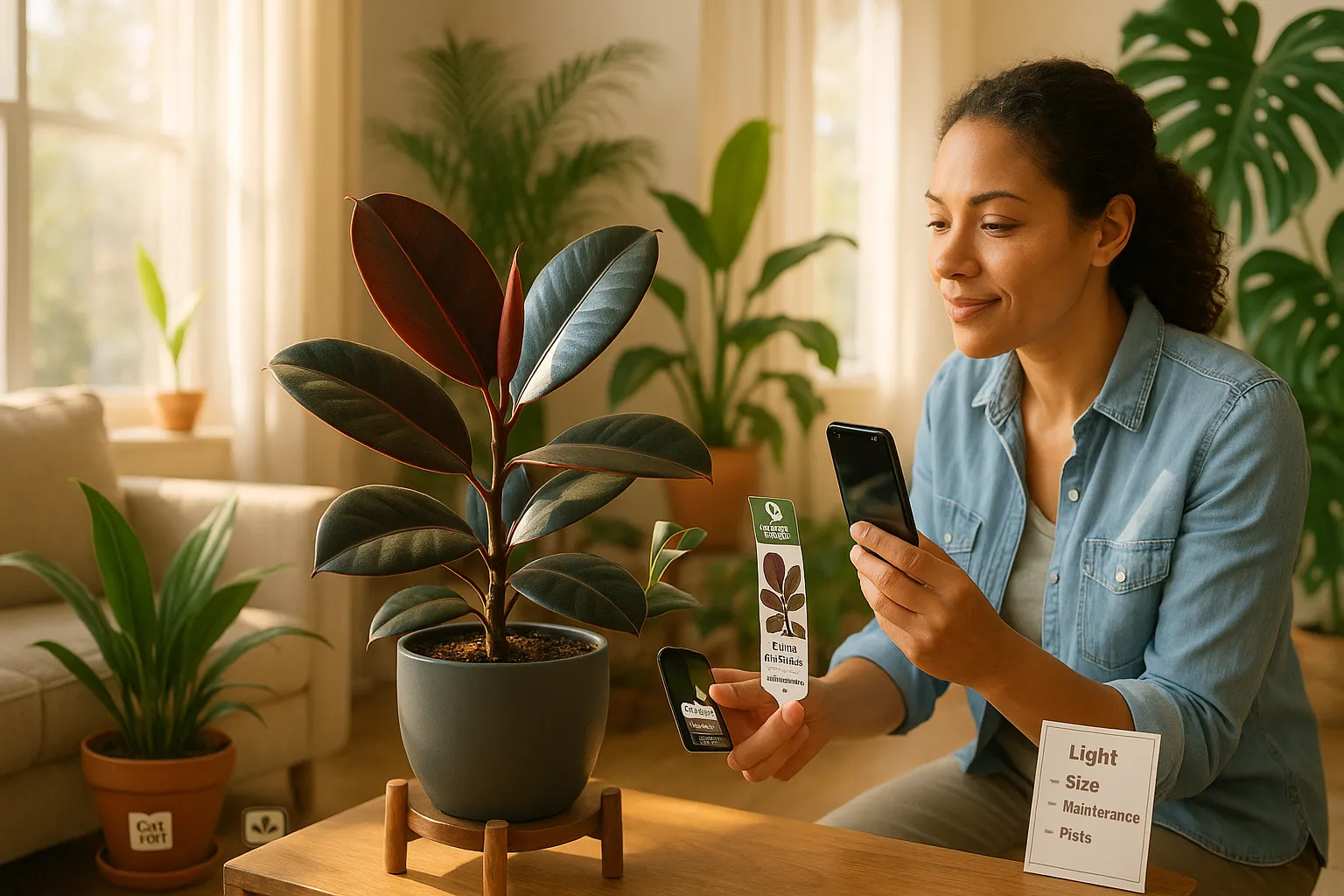 Homeowner inspecting a glossy burgundy rubber plant by a sunny window.