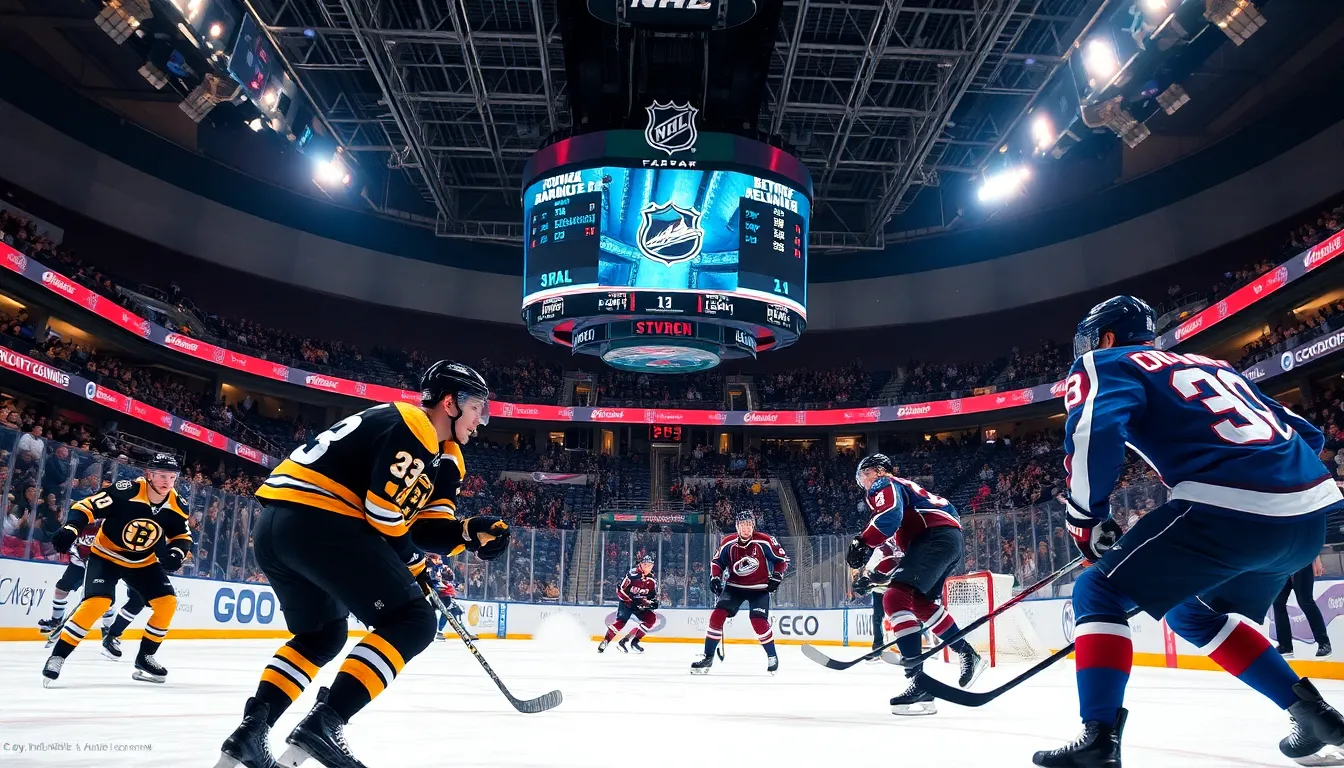 NHL game scene with Bruins and Avalanche players on the ice.
