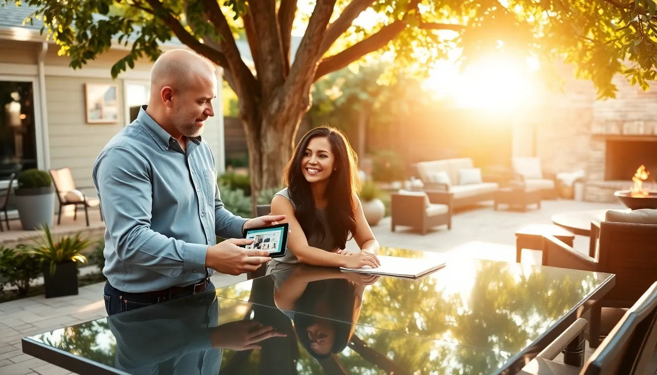contractor discussing outdoor living space designs with a couple.