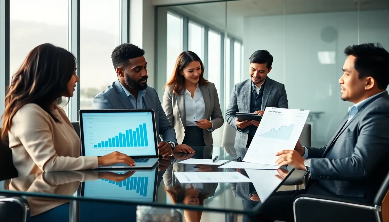diverse team discussing owner financing and property taxes in a modern office.