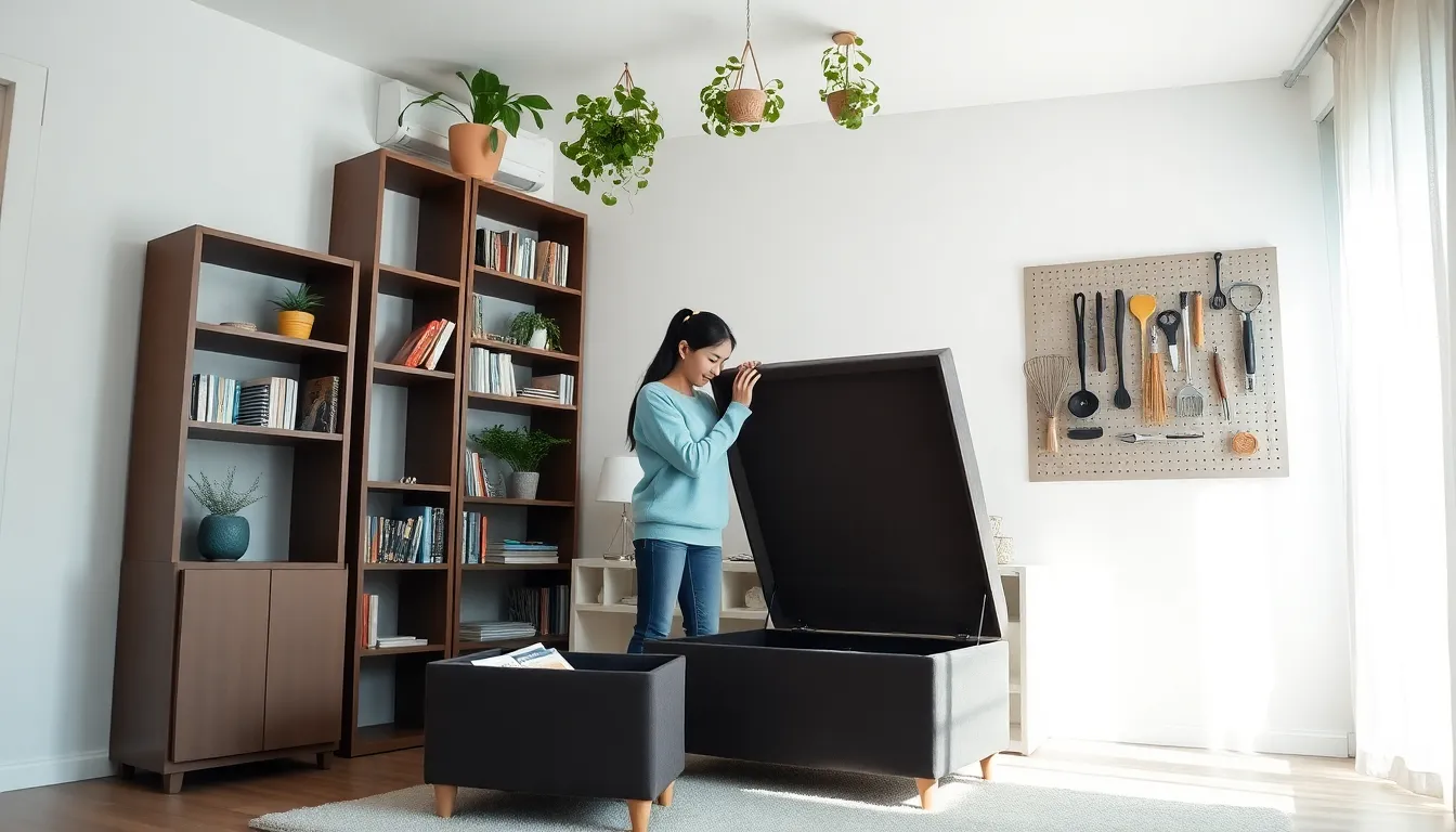a woman organizing multifunctional furniture for space efficiency in a modern living room.