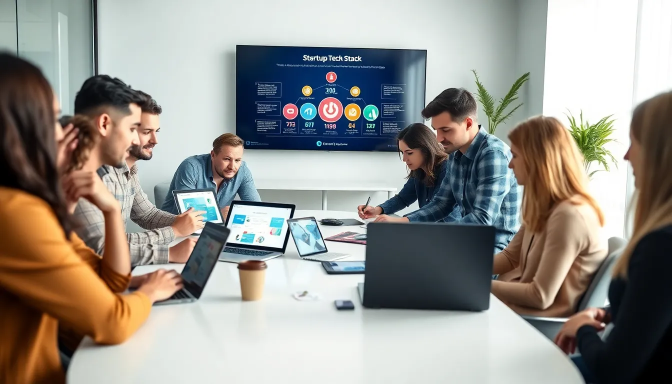 diverse team discussing tech stack in a modern office.