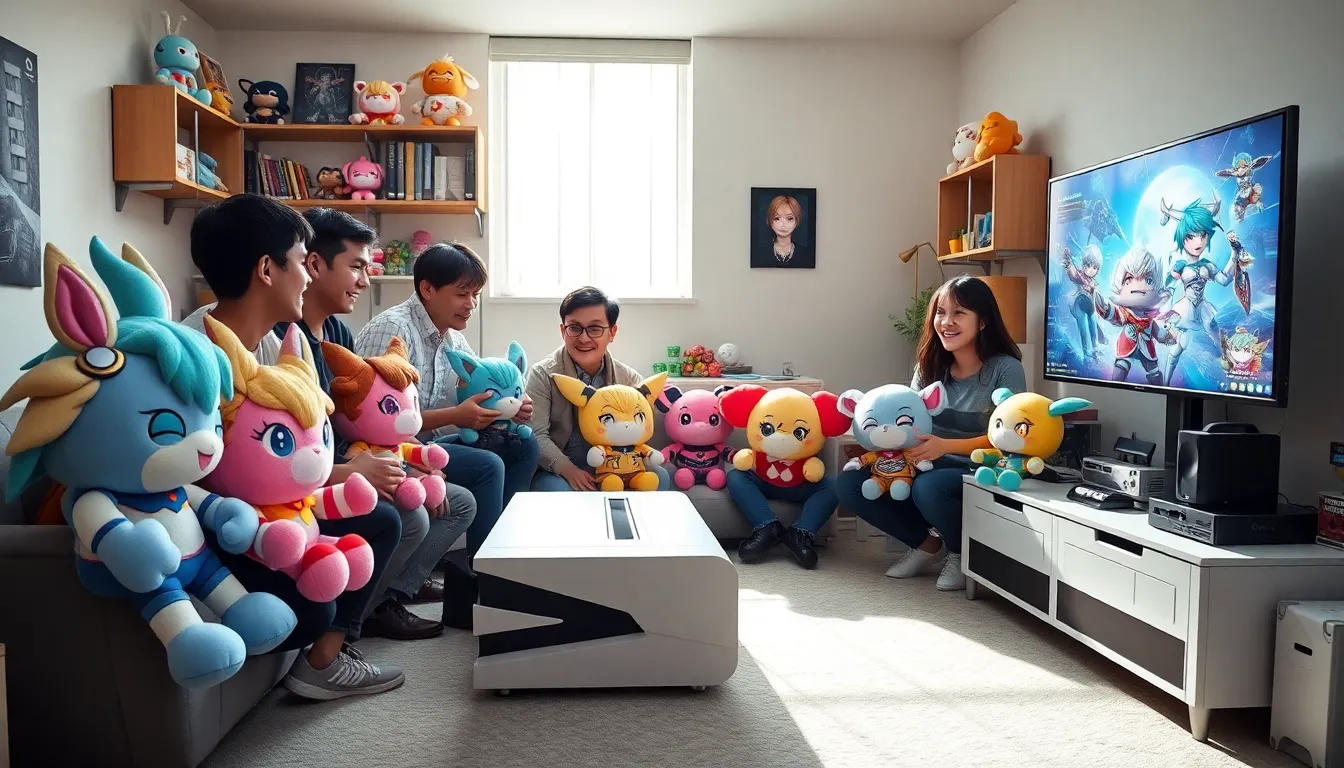 diverse group of gamers with Genshin Impact plushies in a modern gaming room.