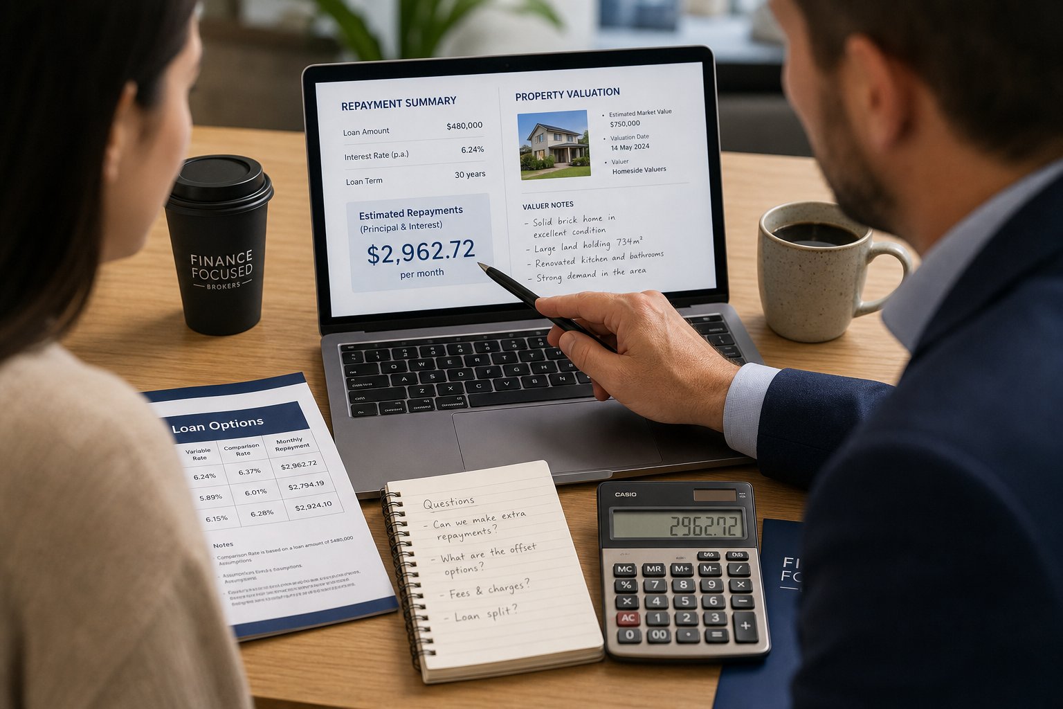 Close view of a broker explaining commercial mortgage figures on a laptop during a client meeting.