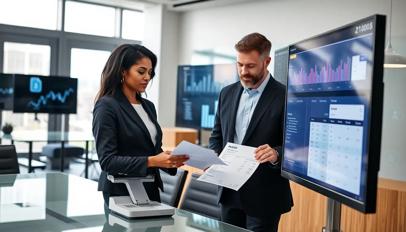 diverse professionals using invoice OCR software in a modern office.