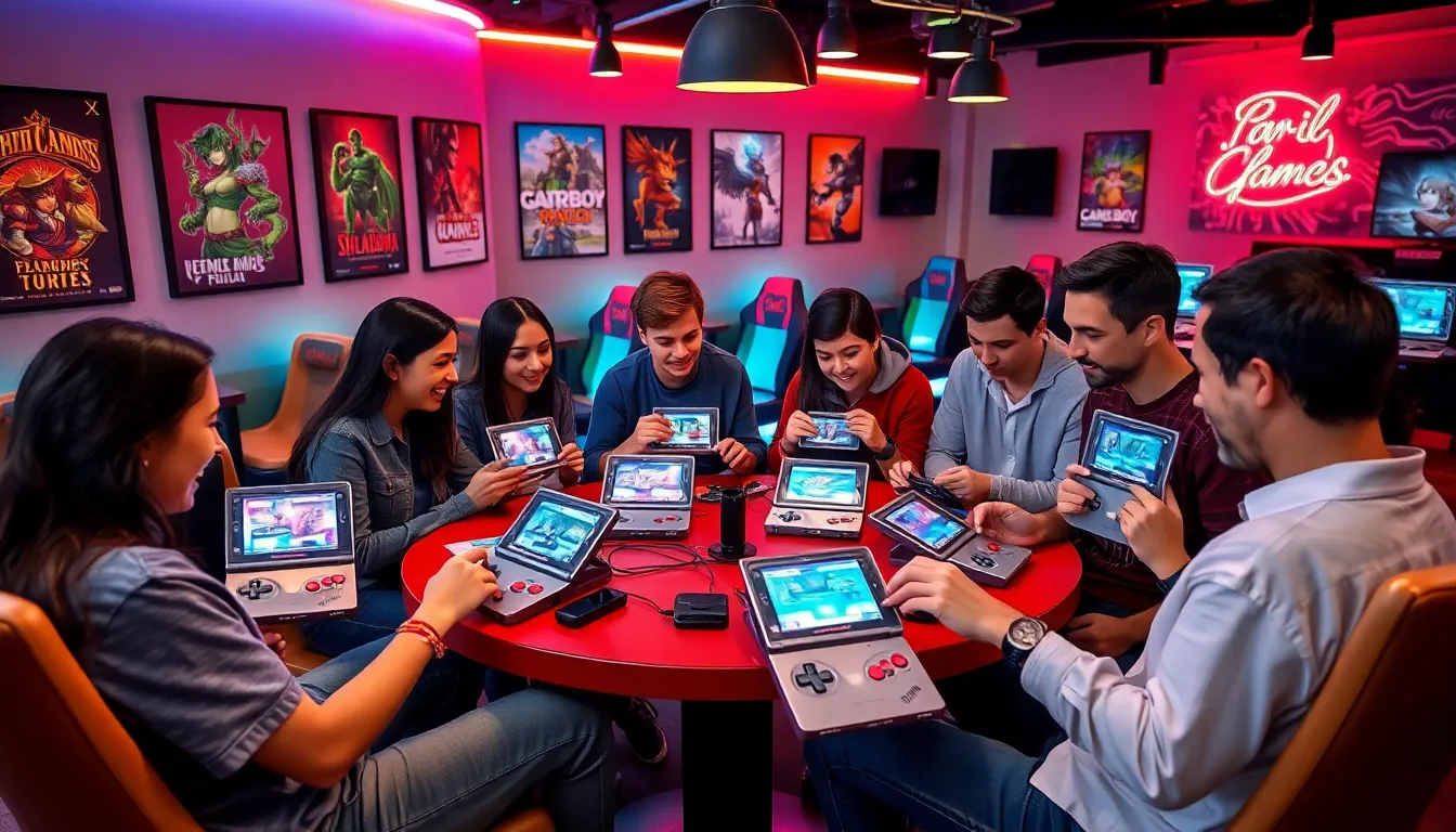 group of friends discussing GBA RPG games in a modern lounge.