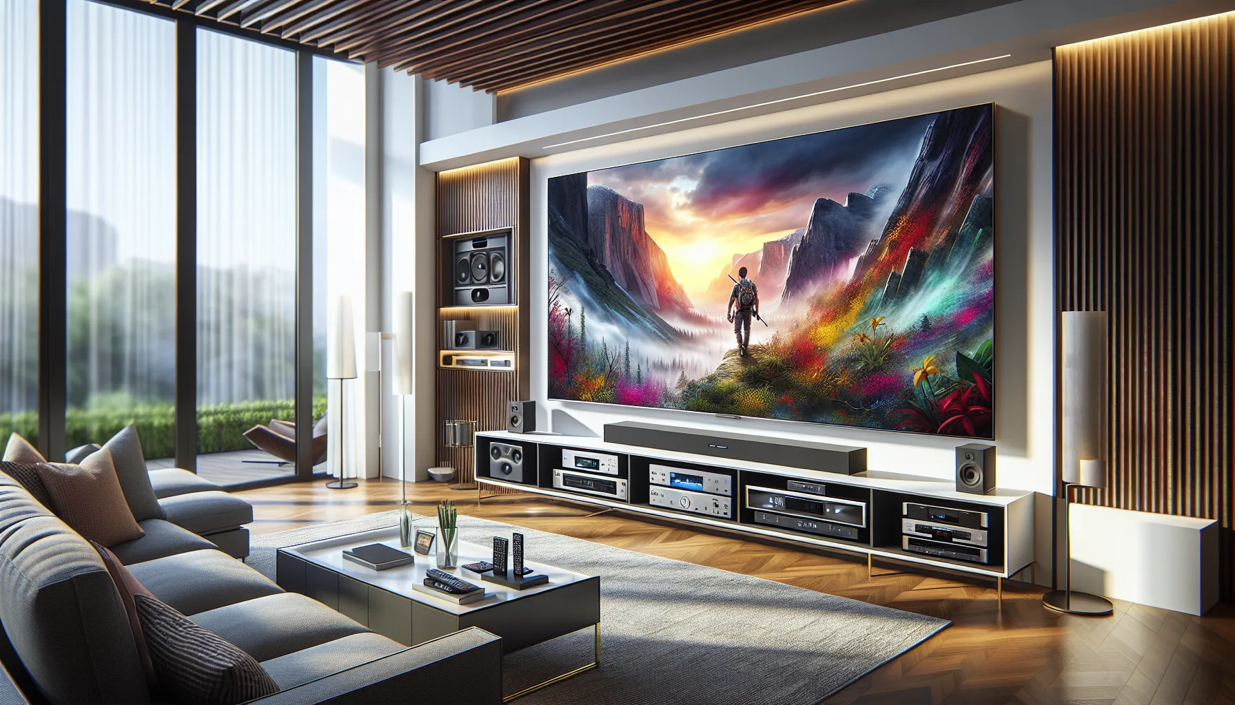 modern living room with Zo35-G25Da74 TV displaying a vibrant 4K scene.