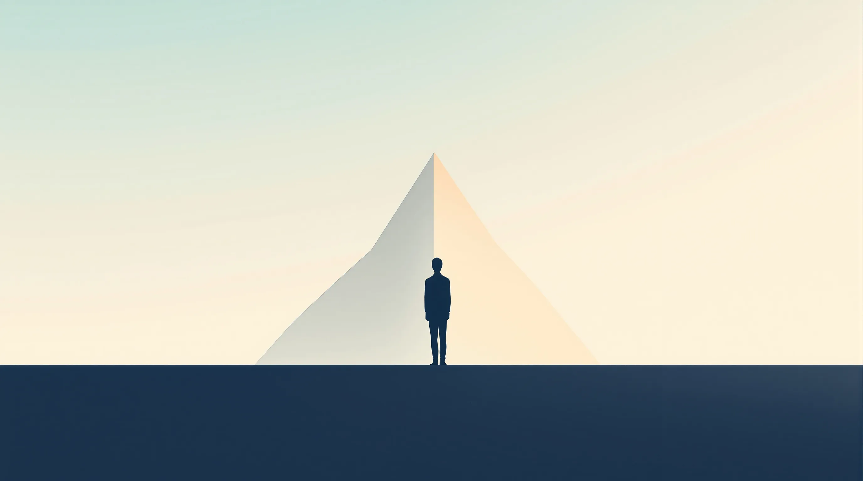 A minimalist silhouette of a person facing a simple geometric mountain peak.