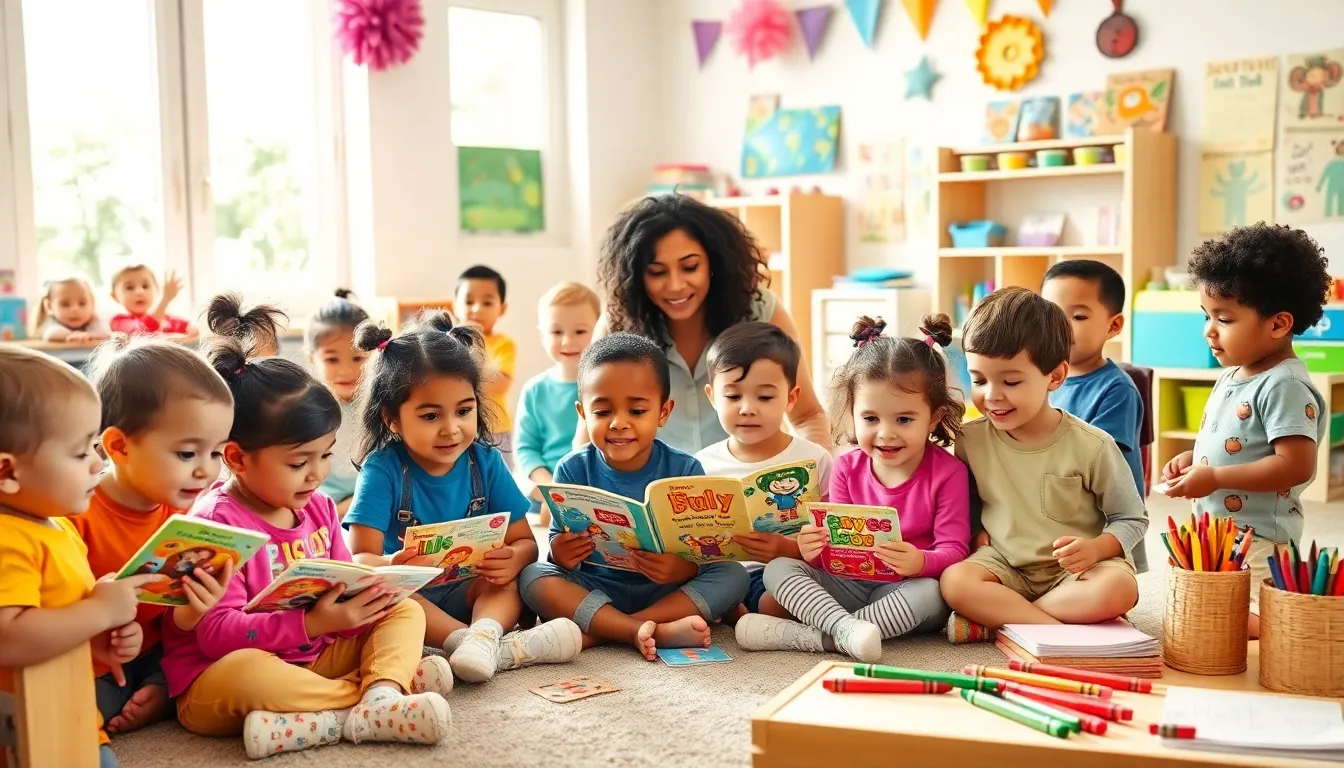 Children engaging in language activities in a colorful preschool classroom.
