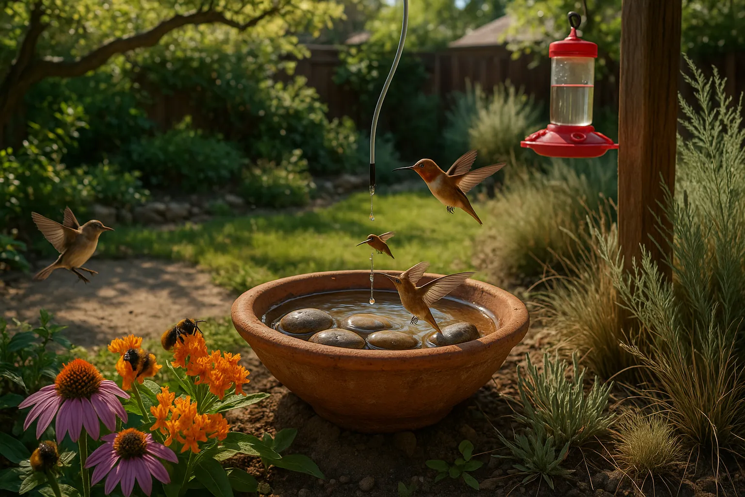 hummingbird at a shallow dripper basin amid native pollinator plants