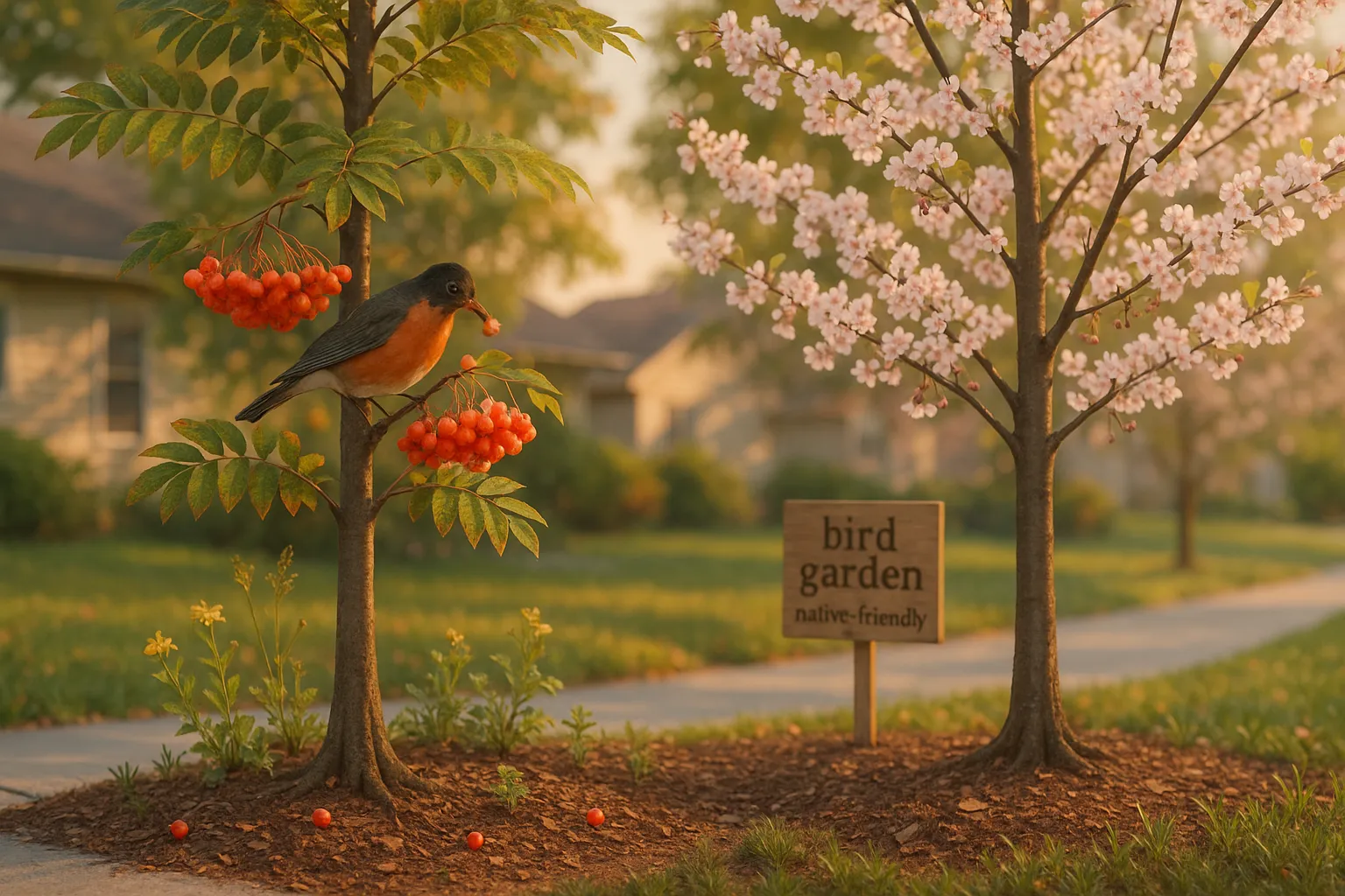 Native rowan with orange berries beside a pink-blossomed ornamental cherry.